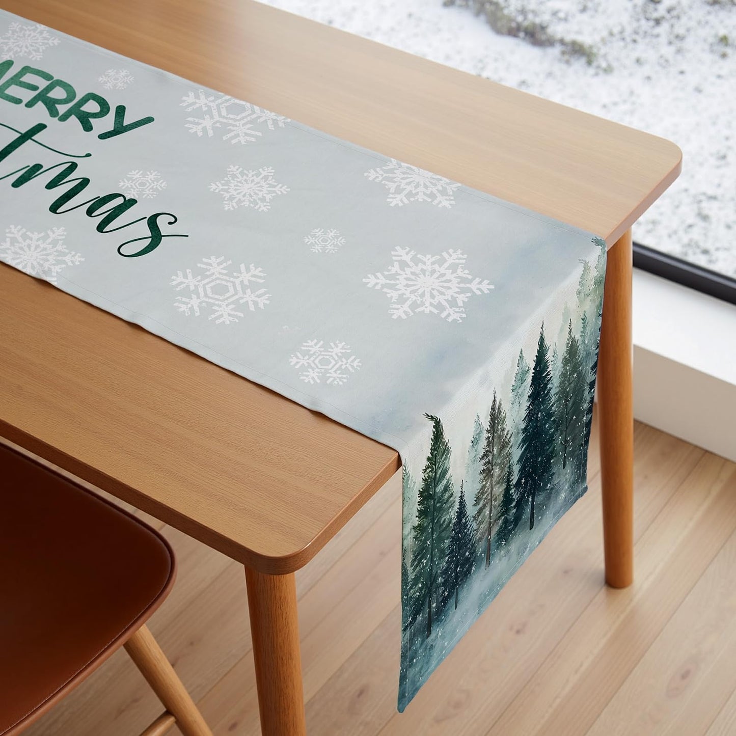 VIV CHERBL Christmas Table Runner with Snowy Forests, Merry Christmas Text & Snowflakes, Table Decoration for Dining Party and Home Decor,72x13 inches