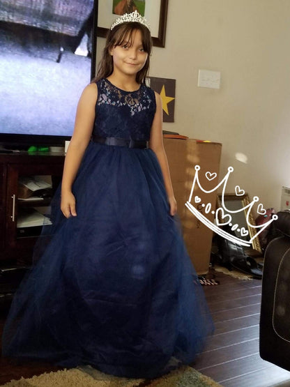Weileenice Navy Blue Flower Girl Dress 12-13 Big Girls Lace Bridesmaid Evening Gown Elegant Wedding Party Formal Prom Dance Ball Gown Junior Plus Princess A-Line Long Dresses Christmas Rustic Ceremony