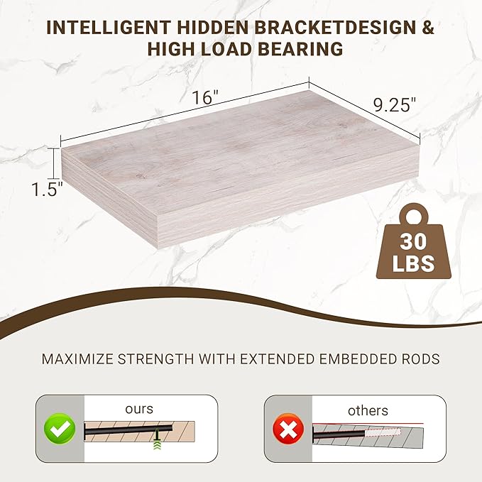 Acovy 16 Inch Floating Shelves, 3D Textured Wood Grain, Wooden Shelves