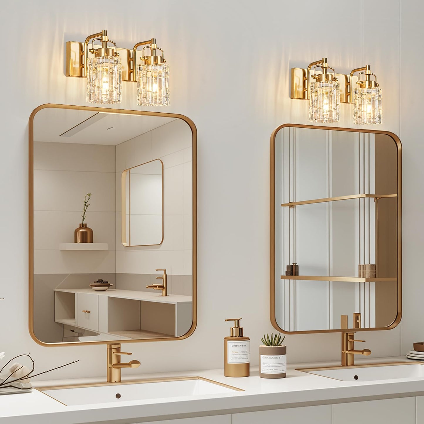 BNHHLZ 2 Light Crystal Glass Vanity Light, Gold Bathroom Lighting Fixtures Over Mirror Modern Bath Wall Sconce Lighting for Bedroom Living Room