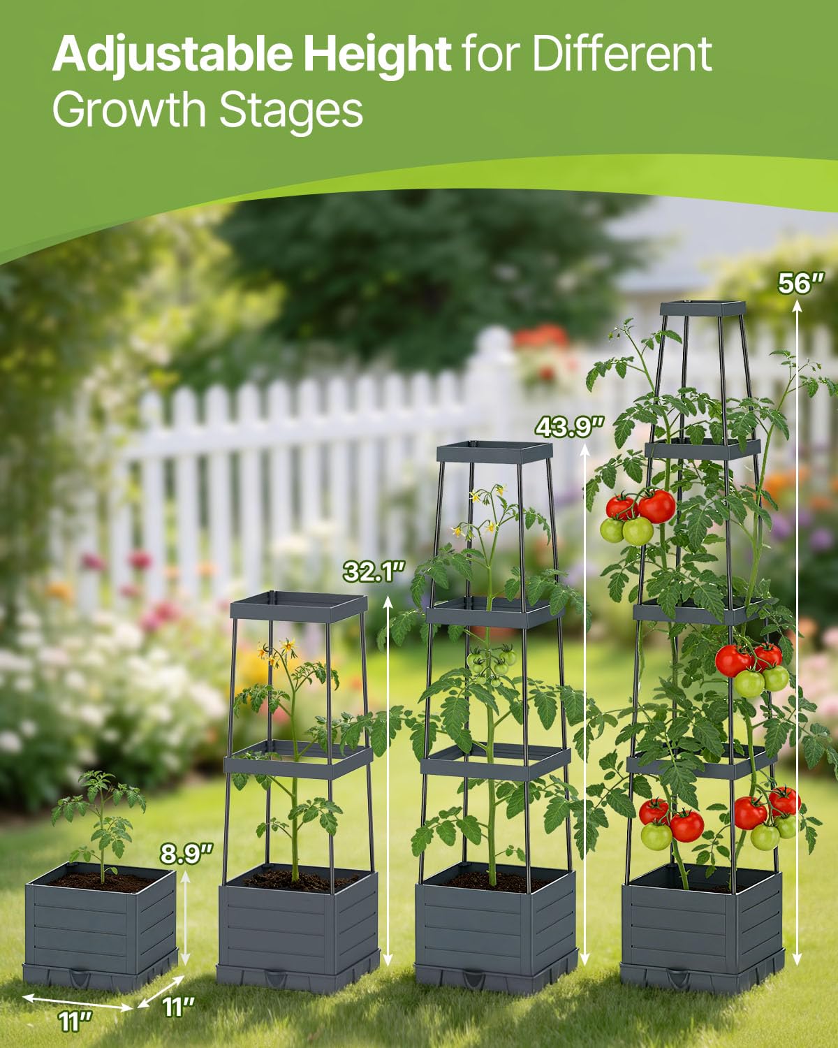 Suteck 1-Pack Raised Garden Bed Planter Box with Trellis, Self-Watering Tomato Planter with Adjustable Height Steel Support Frame for Climbing Plants, Tomato Cages for Patio, Balcony & Outdoor