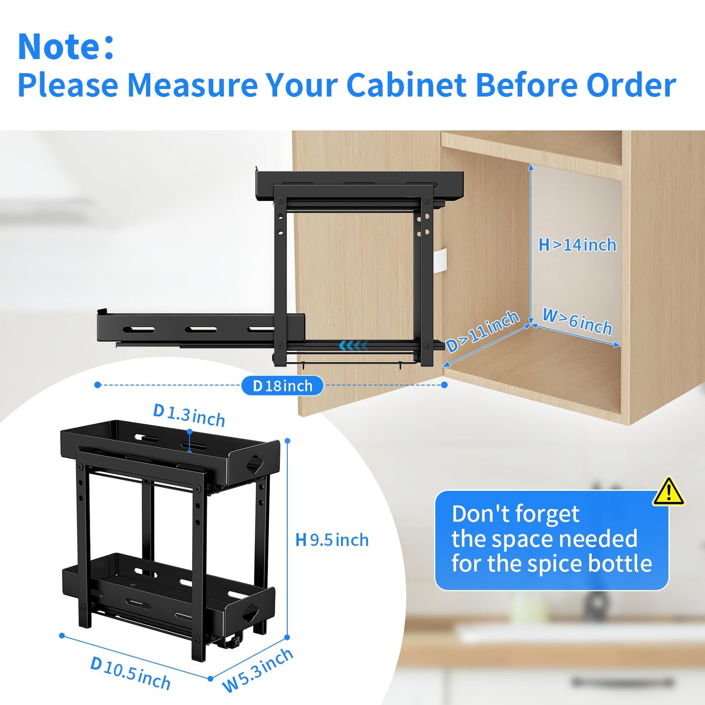 BOIVSHI Pull Out Spice Rack Organizer, 2-Tier Vertical Spice Rack, Height Adjustable for Kitchen Cabinet (5.3''Wx10.8''Dx9.2''H, Metal Black)