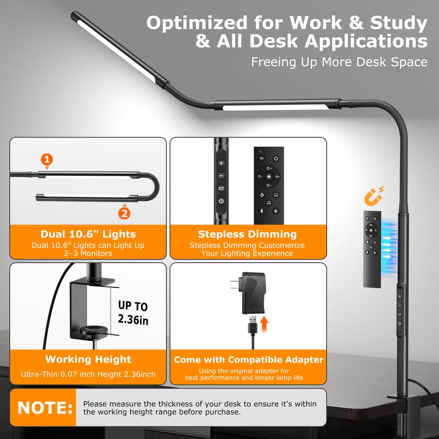 LED Desk Lamp for Office Home, Eye-Caring Desk Light with Stepless Dimming Adjustable Flexible Gooseneck, 10W USB Adapter Desk Lamp with Clamp for Reading, Study, Workbench (Black)