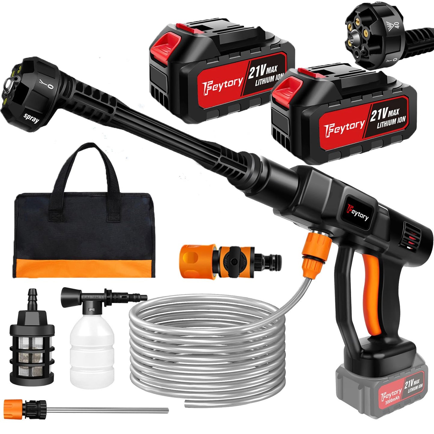 Cordless Pressure Washer,21V 45 Bar/652 PSI Portable Pressure Washer with 2PCS 3.0Ah Battery,6-in-1 Adjustable Nozzle,5m Hose Pressure Cleaner for Car/Floor/Garden Cleaning & Watering