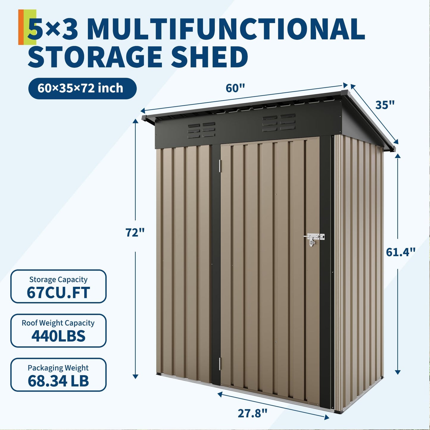 5x3Ft Outdoor Storage Shed, Metal Tool Shed with Lockable Door & Sloped Roof, Weatherproof, Compact Garden Storage Shed for Backyard, Patio, Lawn, or Tools & Equipment, Brown