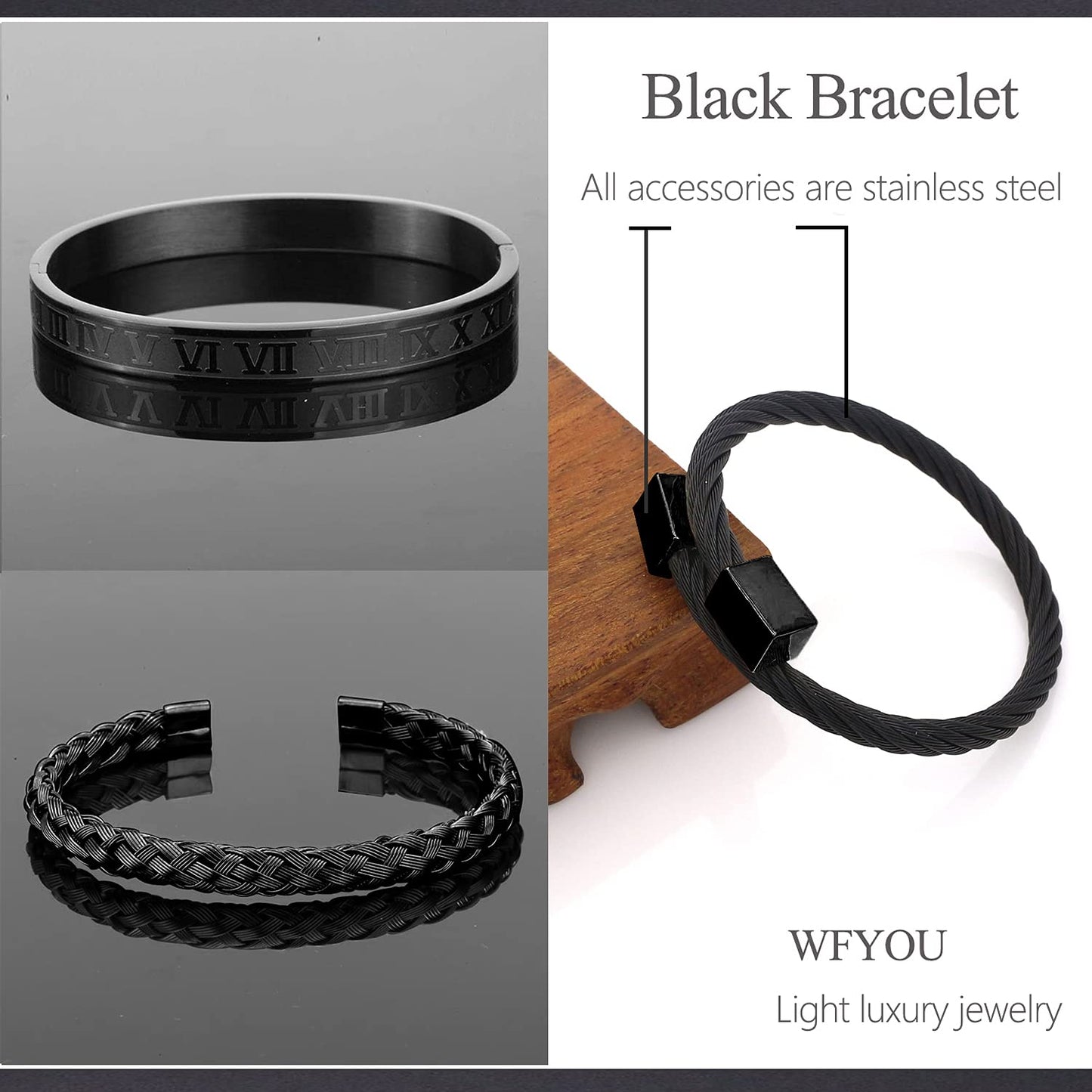 WFYOU 3PCS Stainless Steel Bracelets for Men Gold Roman Numeral Bangle Bracelet Twisted Cable Bracelet Adjustable Cuff Bracelet Mens Luxury Jewelry Bracelets Gifts