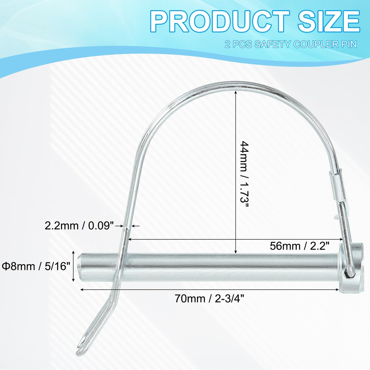 PATIKIL Shaft Locking Pin W Ear 5/16x2-3/8x1.73"(D*L*IW), 2 Pcs Safety Coupler Pin Pto Pin Round Arch Wire Retainer and Ear for Farm Trailer Tractor Truck Boat Towing (8x60x44mm)