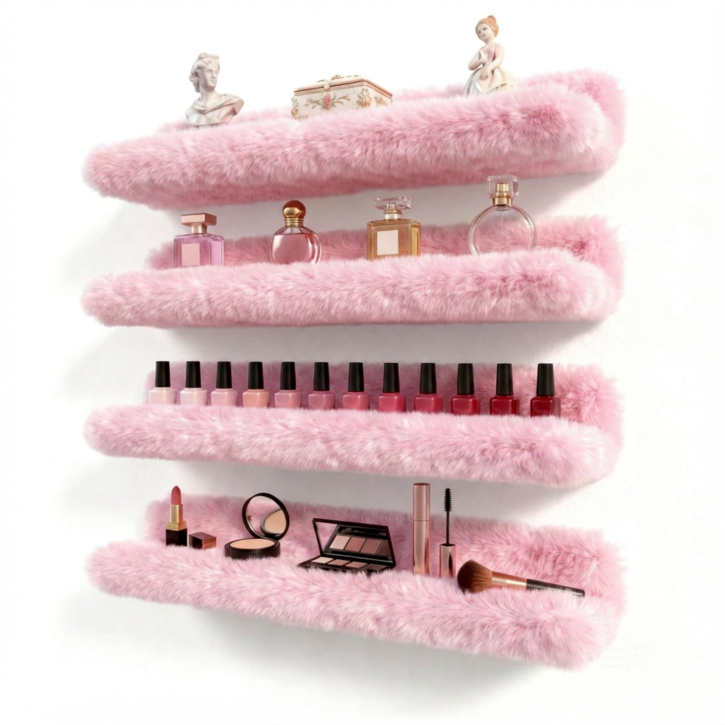 Care&More YJ 15 Inch Nail Polish Shelves, 4-Pack Fuzzy Display Nail Polish Rack for Storing Nail Bottles, Sunglasses, Essential Oils, Plush Soft Pink