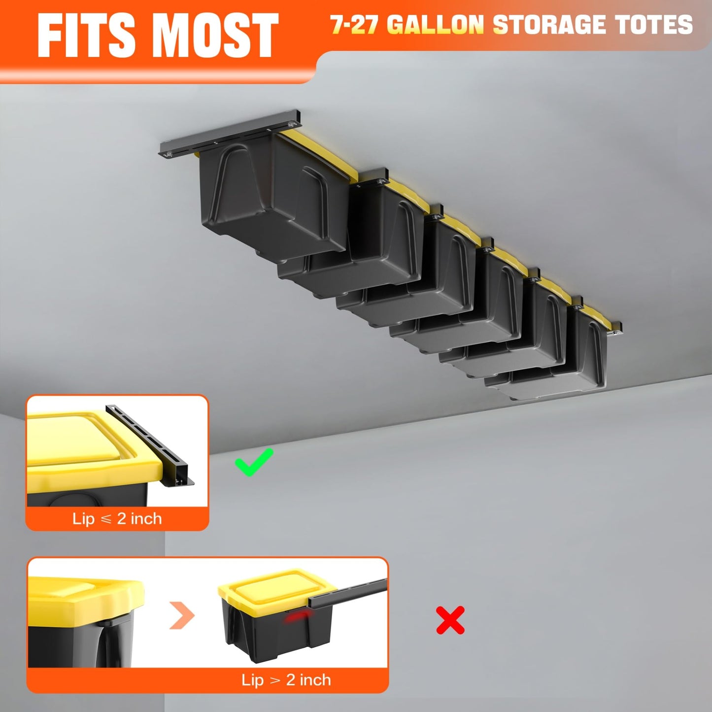 TORACK Garage Ceiling Bin Storage Rack, Adjustable Heavy Duty Overhead Tote Storage Rails(for 6 Bins, Bins are not included)