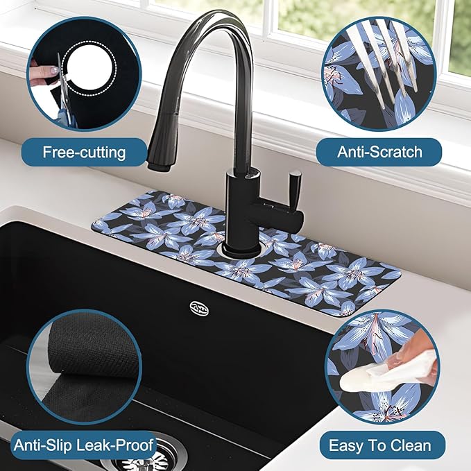 Blooming Lily Sink Faucet Absorbing Mat Blue Lily Flowers Super Absorbent Fast
