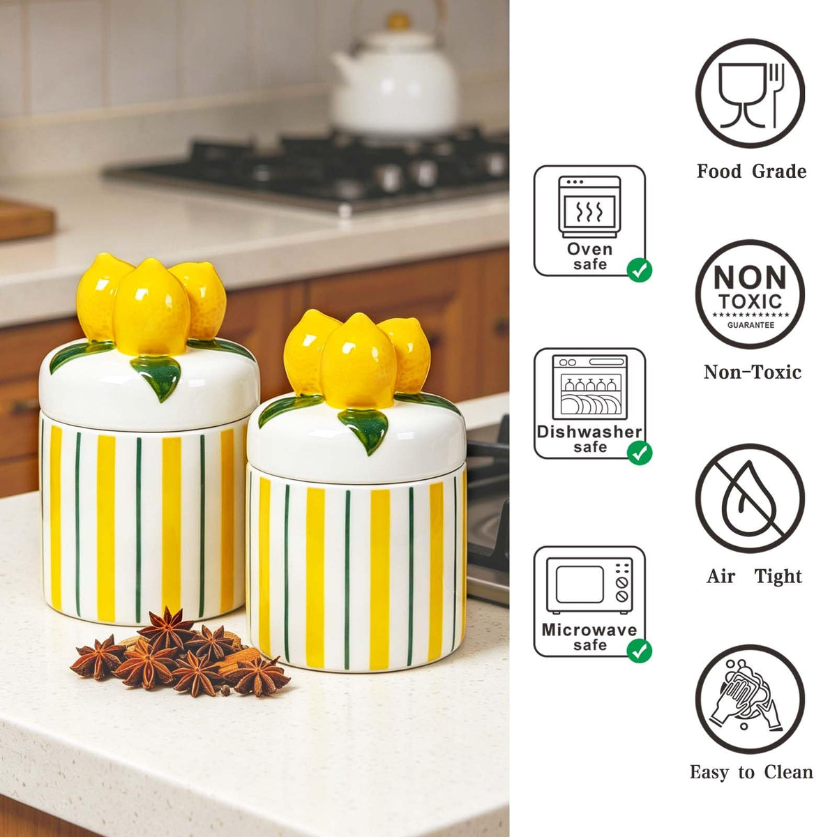 Iryanthos Cookie Jar with Airtight Lid, 16.2 fl oz Personalized Ceramic Food Storage Containers with Lemon-shaped Lid for Kitchen Countertop Decor, For Sugar Tea Coffee Spices Nut Honey - 2 pieces Set