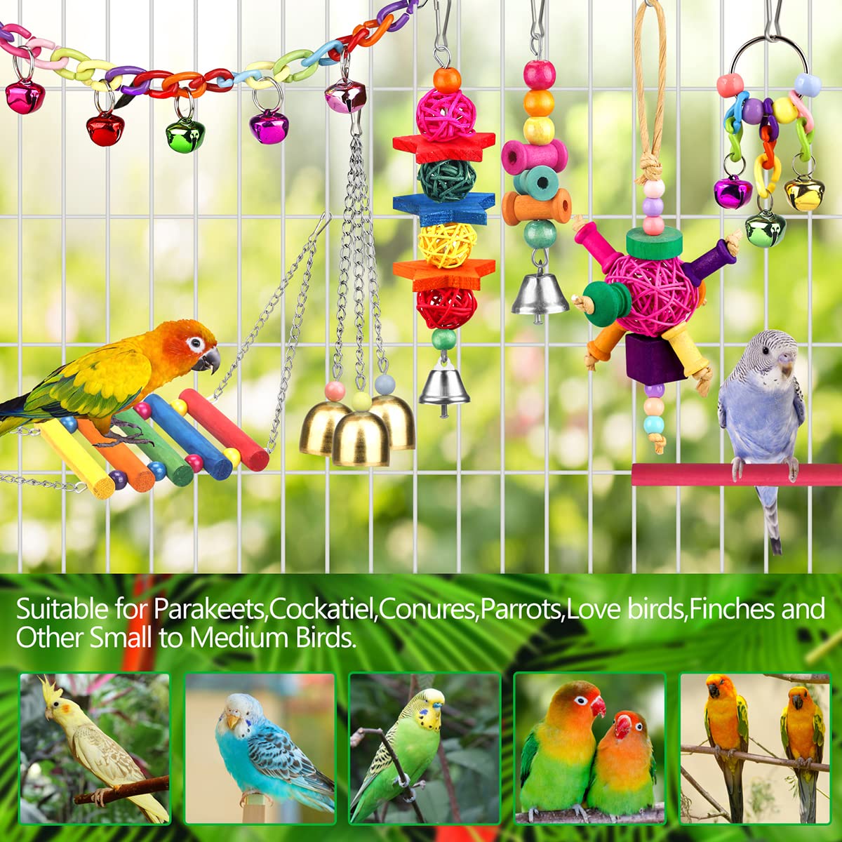 Bird Toys for Conures with Colorful Ladder Hammock Cage Accerious Bird Perch Stand Chewing Toys Hanging Bell Parrot Parakeet Cockatiel Lovebirds