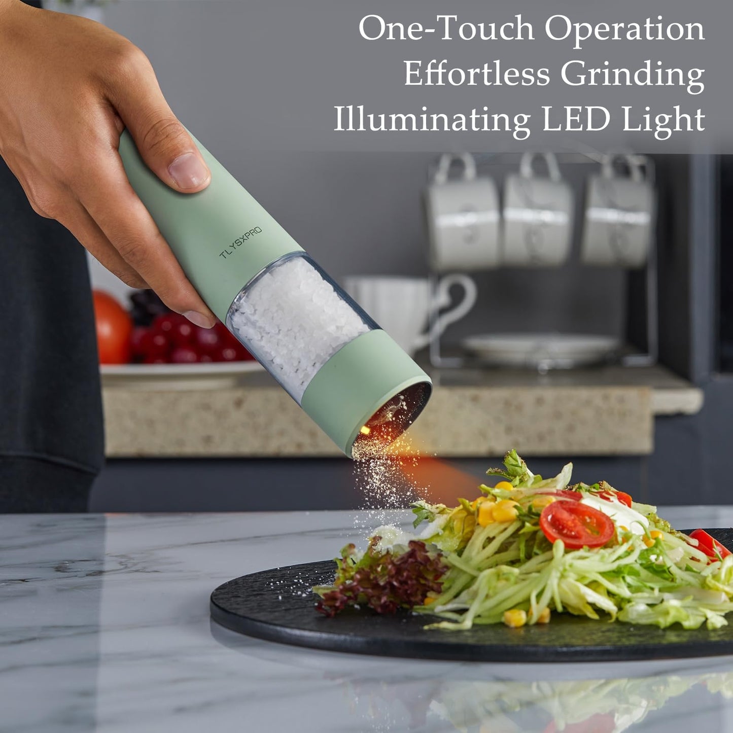 Electric Salt and Pepper Grinder, USB Rechargeable, Automatic Salt and Pepper Shaker, Adjustable Coarseness, Electric Pepper Mill, LED Light, Refillable, Kitchen Gadgets (Sage)