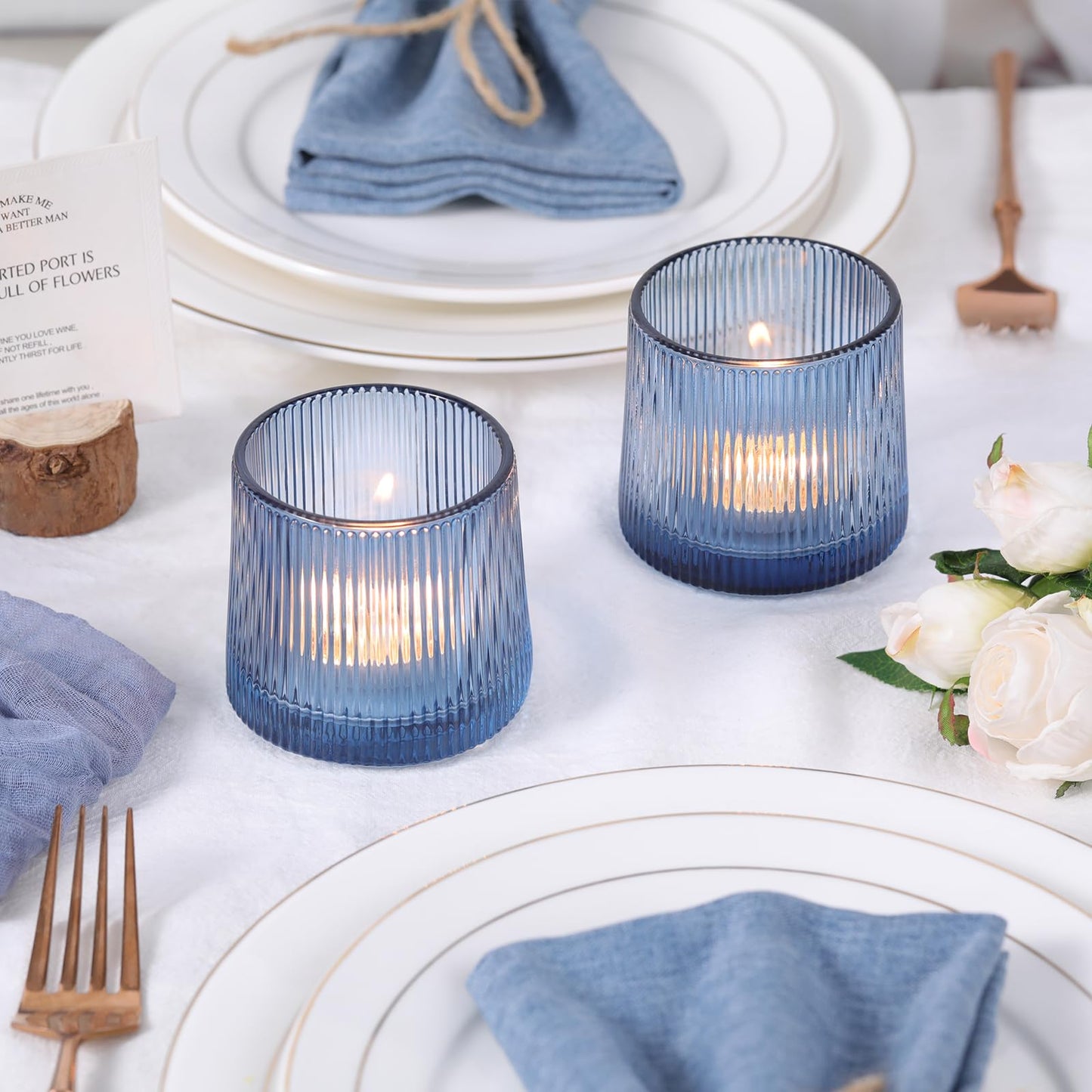 DARJEN Blue Ribbed Tealight Votive Candle Holders- 6Pack Glass Candle Holders for Table Centerpiece, Wedding Decor, Home Decor, Party Dinner