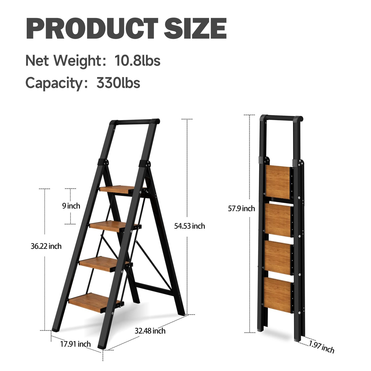 BEFITMACE 4 Step Ladder,Lightweight Folding Step Stool with Aluminum Wide Pedal& Convenient Handgrip,330lbs Capacity Steel Ladder for Household and Office(Black &Woodgrain)
