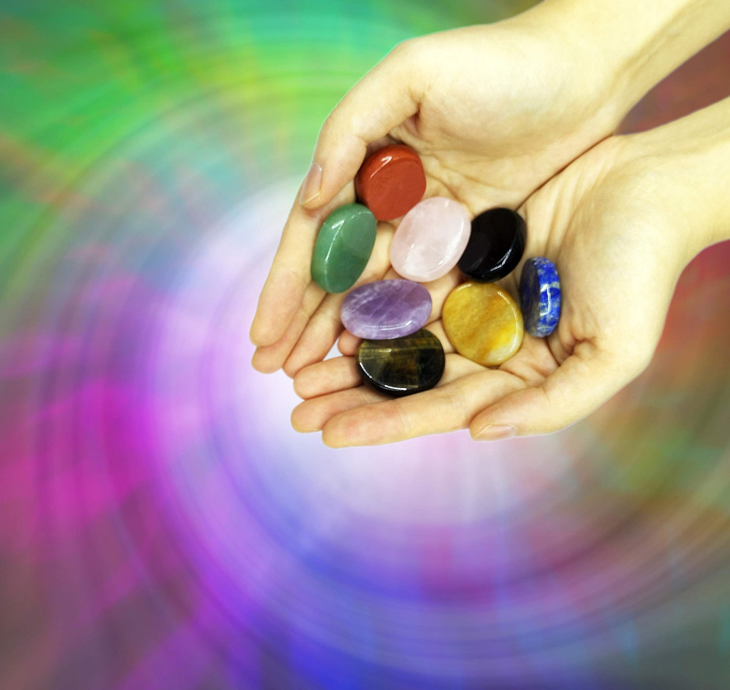 Worry Stones Set of 8 – Polished & Tumbled Crystals and Healing Rocks, Natural Chakra Worry Stones for Meditation, Grounding, Reiki, Anxiety & Stress Relief and Daily Calm