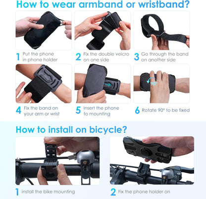 Cikyner Running Armband, 3 in 1 360° Rotatable & Detachable Sports/Bicycle Phone Holder for 4.5-7'' Smartphones, Ideal for Gym, Jogging, Hiking
