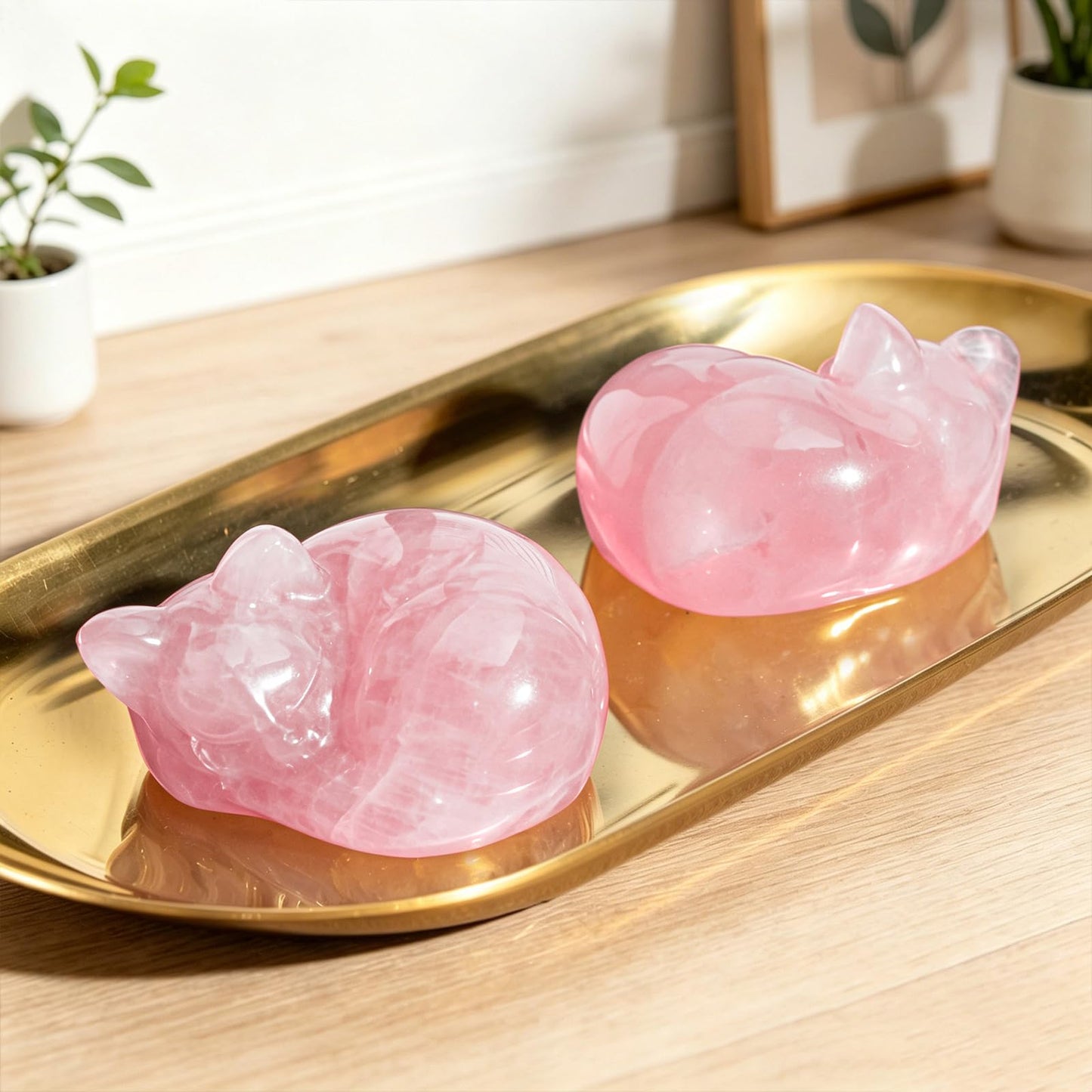 EZEELAI 2Pcs Crystal Rose Quartz Cat Figurines, 2" Pink Sleeping Cat Crystal Sculpture, Healing Crystal Decors Statue, Home Office Desk Decor, Cat Themed Ornaments Gift for Cat Lovers