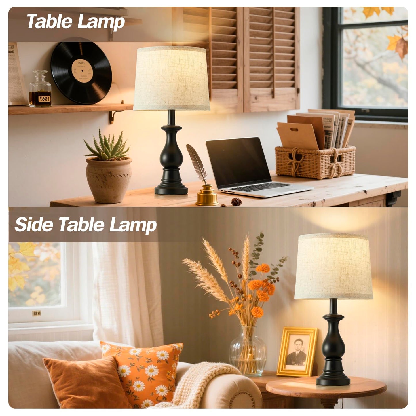 Hikczc Vintage Table Lamp for Living Room Bedroom, 18.5" Farmhouse Bedside Lamps Nightstand Lamp Set of 2, Table Lamps with Oatmeal Linen Lamp Shades, 2 LED Bulbs Included, Black