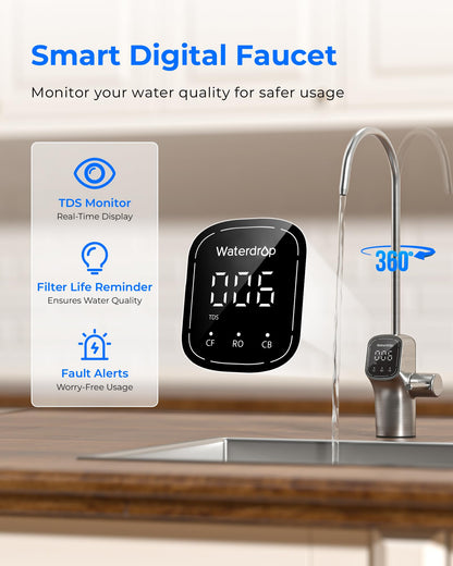Waterdrop G3P800 Reverse Osmosis System, 800 GPD Fast Flow, NSF/ANSI 42 & 53 & 58 & 372 Certified, 3:1 Pure to Drain, Tankless Under Sink RO Water Filter System, LED Purifier, Smart Faucet