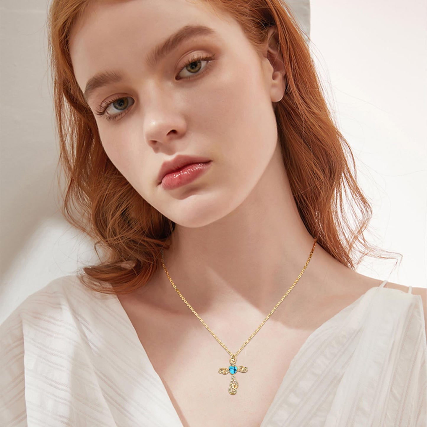 Twoowl 14K Gold Plated Cross Necklace 925 Sterling Silver Turquoise Christian Pendant Religious Catholic Jewelry Gifts for Mom Women