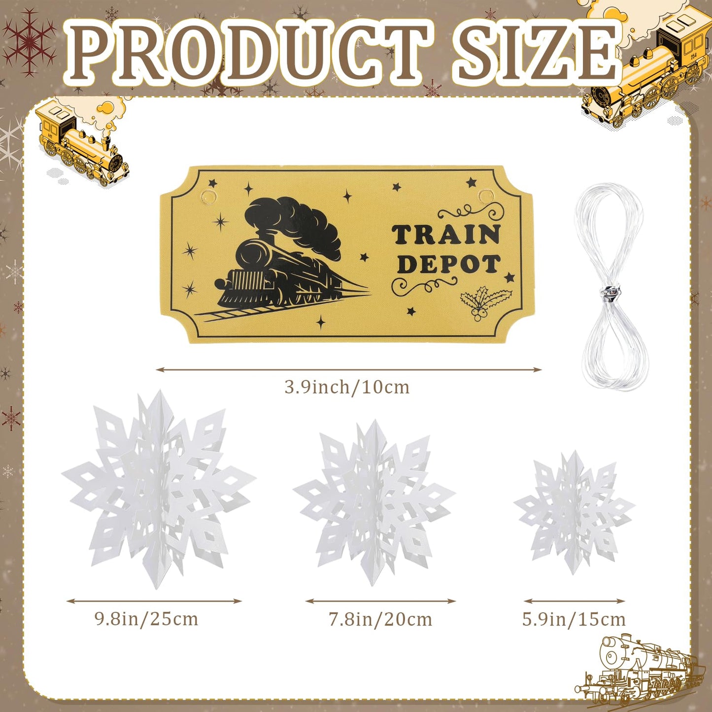Oudain 36 Pcs Christmas Polar Train Ornaments 12 Polar Train Golden Tickets 24 White Paper 3D Snowflakes Christmas Winter Party Decorations for Winter Xmas Tree Home Wall Ornaments