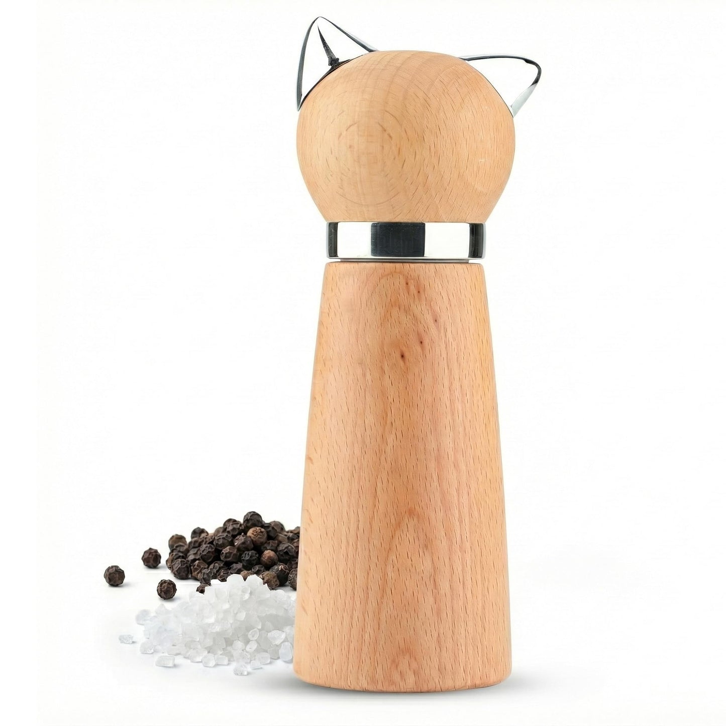 Ryevalley Wood Cat Pepper Grinder - Manual Wooden Salt Mill with Adjustable Coarseness - Unique Minimalist Kitchen Decor & Aesthetic Cat Themed Gifts for Cat Lovers, Natural Beechwood