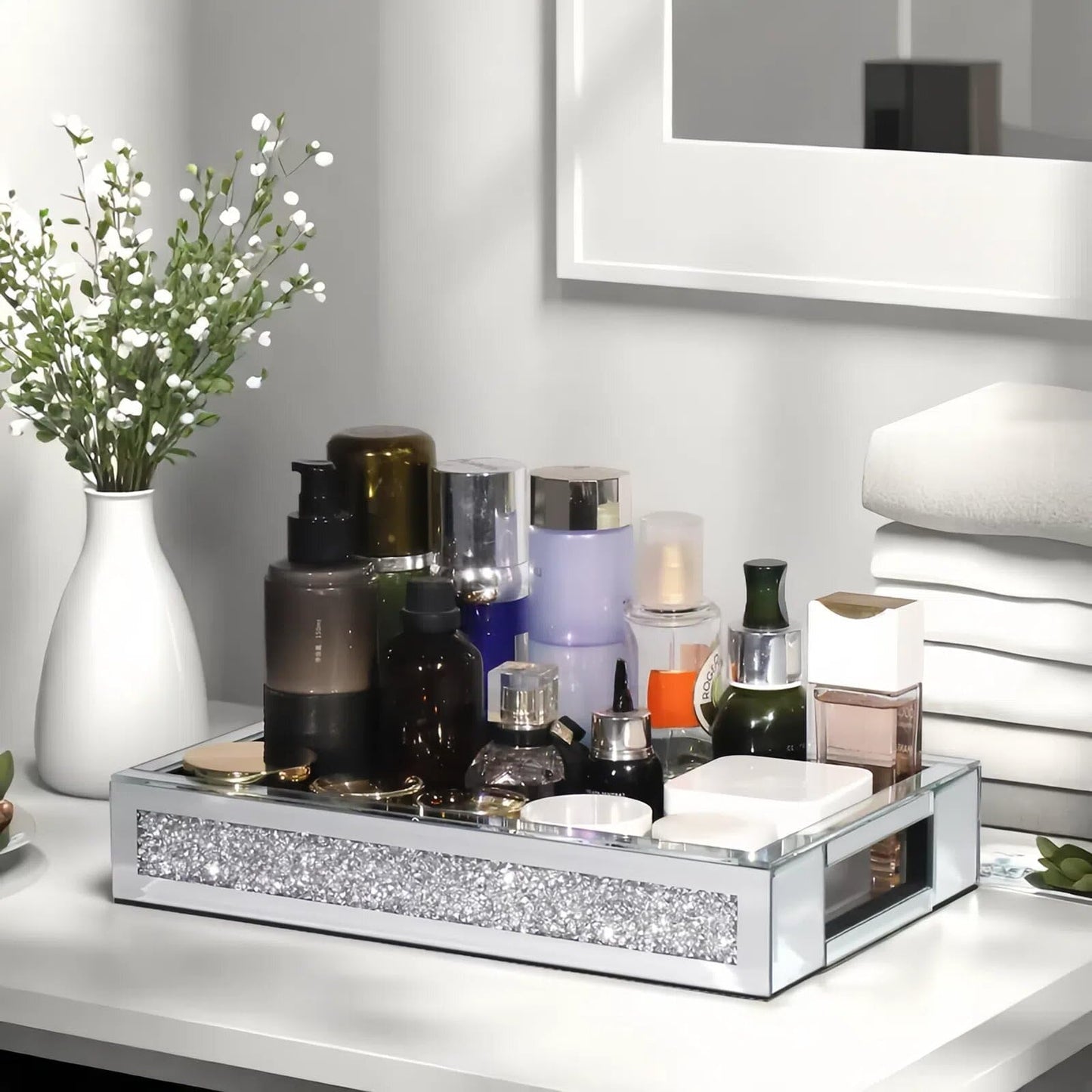 joyshiny Rectangle Glass Tray with Handles for Dresser, Mirror Makeup Organizer Perfume Display, Crushed Diamond Home Decor Accent for Vanity, Living Room Tables, Silver(12”x7.7”x2”)