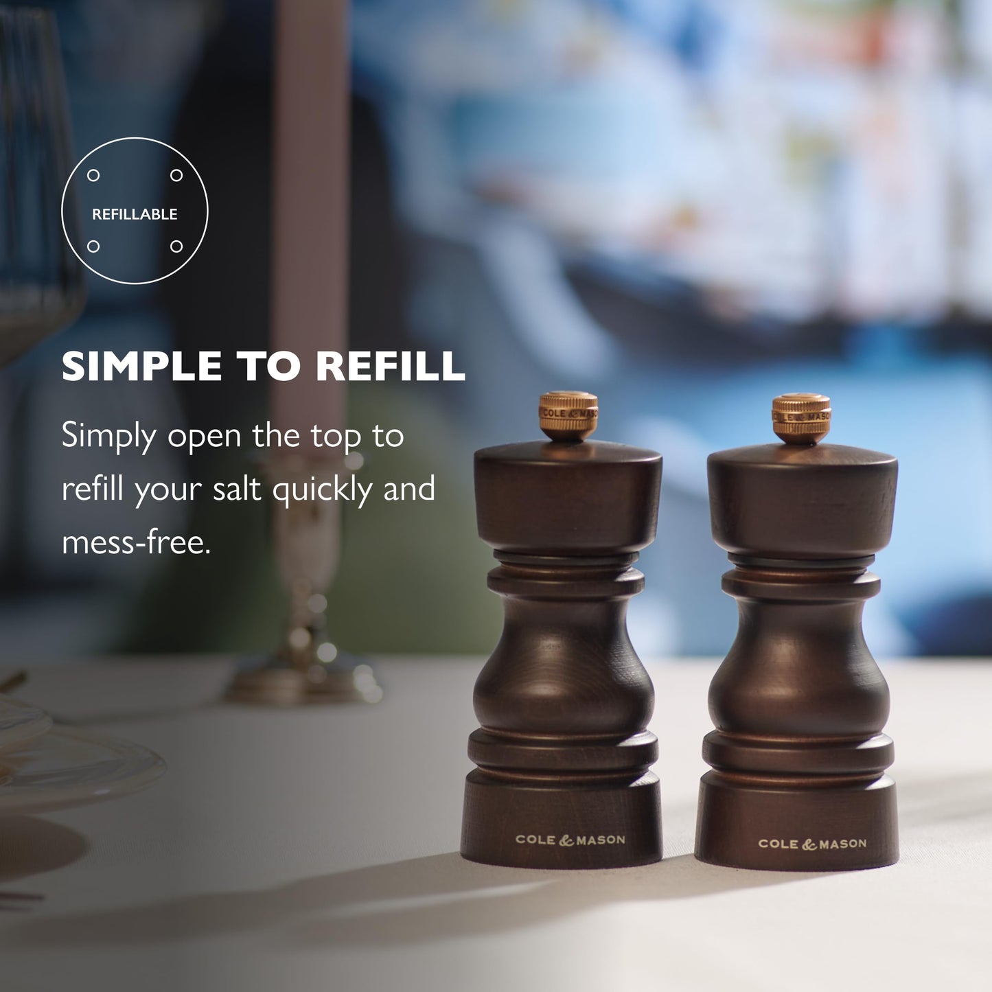 Cole & Mason London Refillable Spice Mill - Kitchen & Home Accessory - Table Salt Grinder - Salt Mill with Ceramic Mechanism - 5", Chocolate Wood