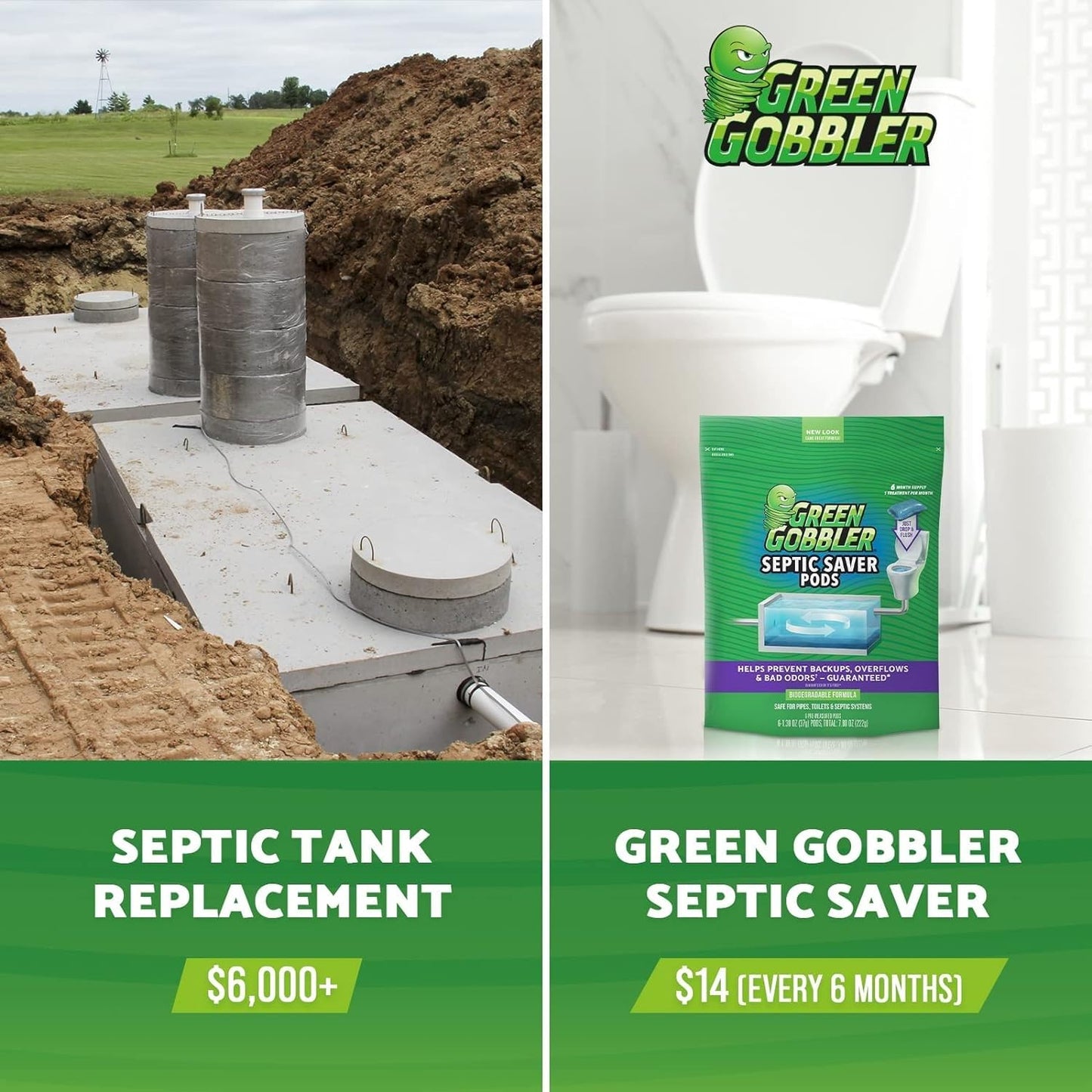 Green Gobbler Septic Saver Pods - Sewage & Septic Tank Cleaner - Bacteria Enzyme Packs for Monthly Septic Tank Treatments - 6 Pods (222g)