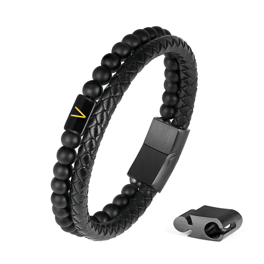 Bracelets for Men - Men Gifts Matte Agate Bead Magnetic Clasp Black Mens Leather Bracelet with Initial Black Mens Leather Bracelets Initial V Bracelet for Men's Jewelry Men's Gifts for Dad Husband Him
