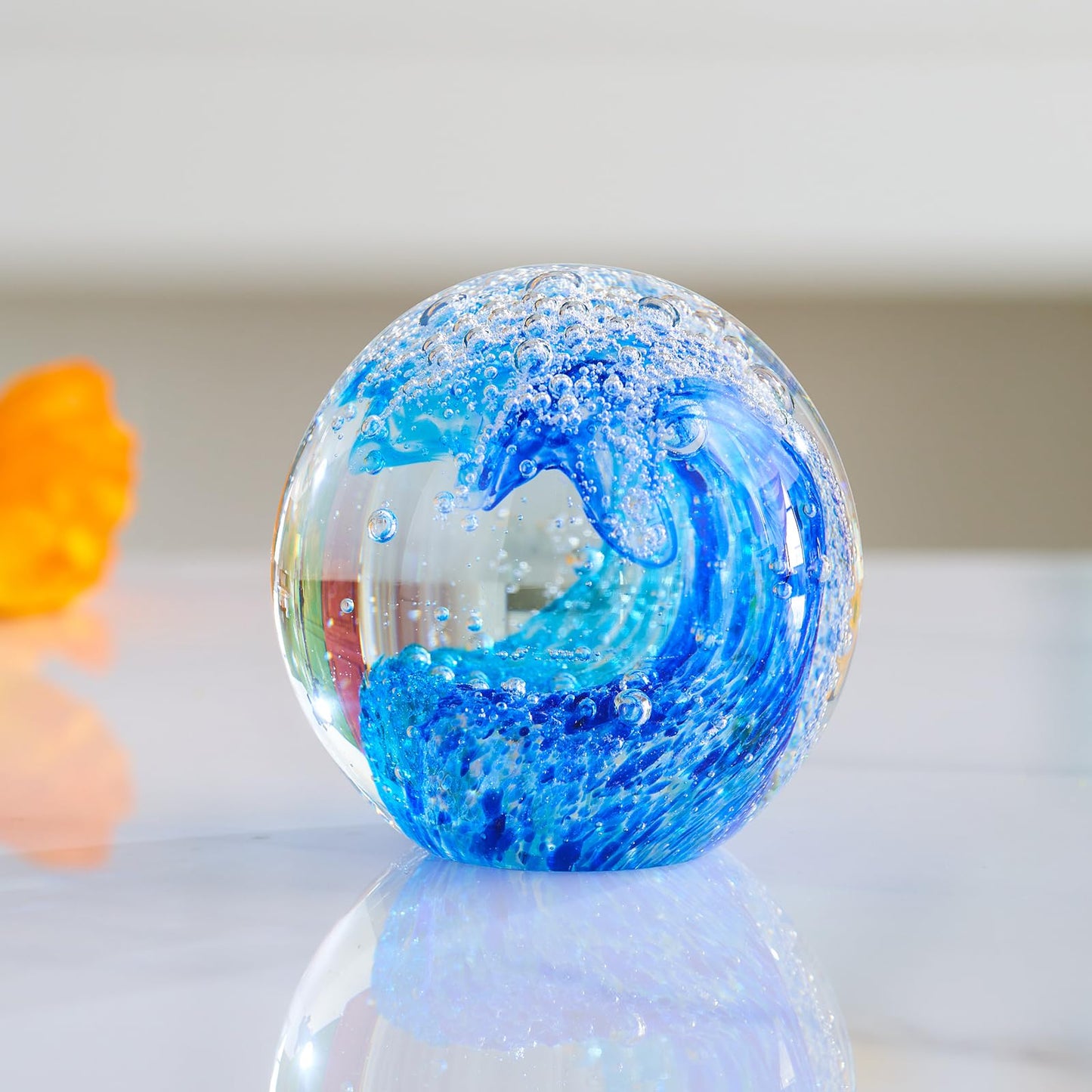 XLSJGYP Crystal Ball Blown sea Glass Art Ornament Collectible Paperweight Figurines Spere Statues for Home Office Decor a Gift for Ocean Lovers Perfect for Men Women (Sky Blue-Crystal Ball)