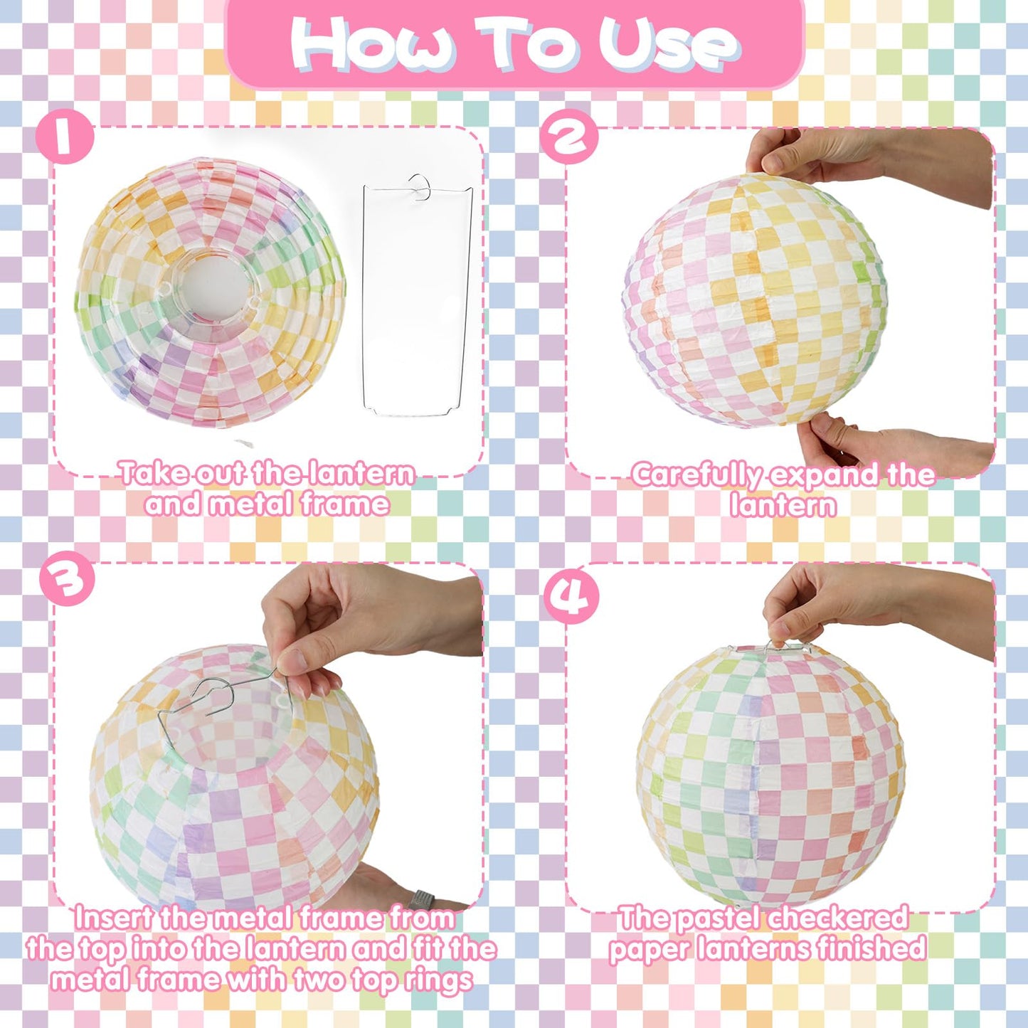 6pcs Pastel Checkered Paper Lanterns Party Decoration, 8inch Pink Gingham Ruond Hanging Lanterns Party Decor for Home Yard Ceiling Classroom Wedding Engagement Birthday Christmas Supplies