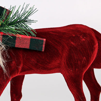 Lotus Hills 2 pcs Reindeer Christmas Decorations, Flocking Christmas Reindeer Figurines with Red Buffalo Plaid Bow, Deer décor Christmas Table Centerpieces Decorations