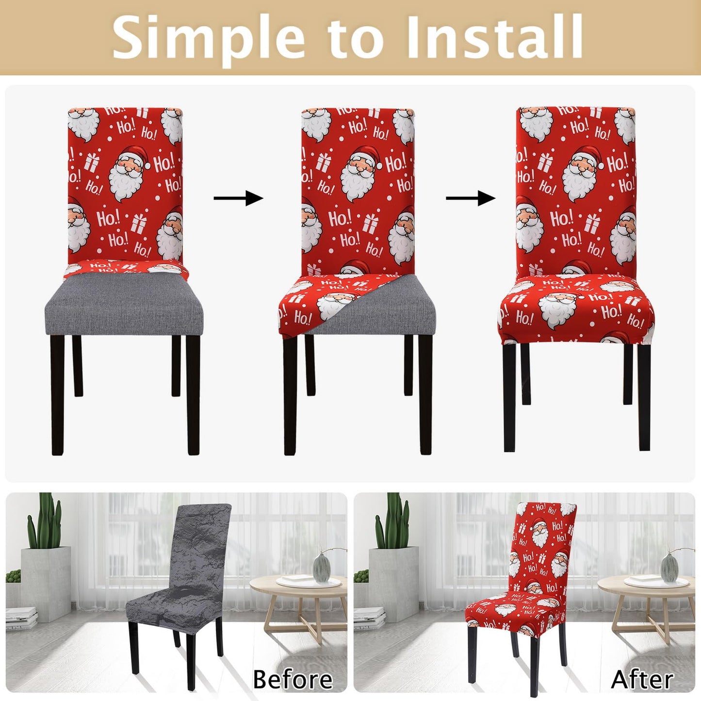 SearchI Christmas Chair Covers Set of 4, Stretch Xmas Kitchen Chair Cover Removable Washable Holiday Parsons Chair Slipcovers for Dining Room, Christmas Decoration, Ceremony(Santa Claus)