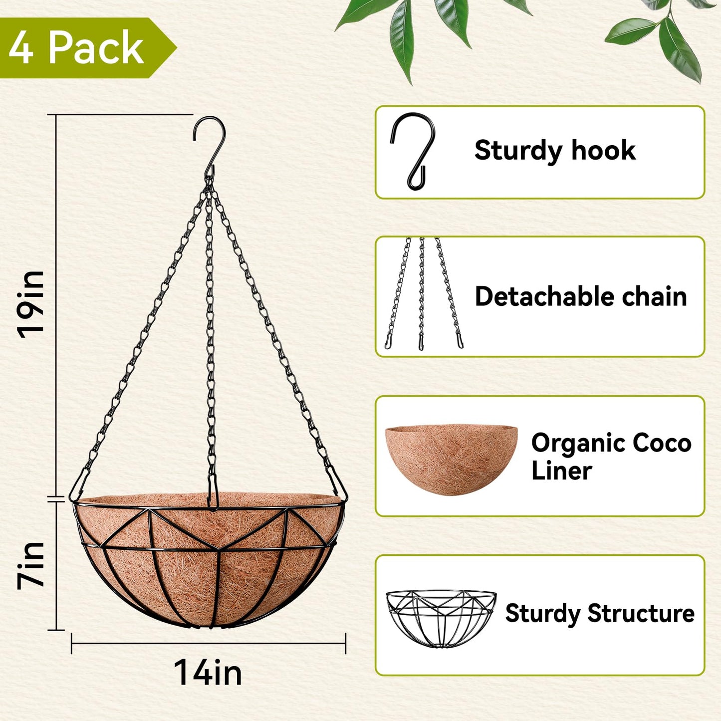 Halatool 4 Pack 14 Inch Hanging Baskets for Outdoor Plants, Heavy Duty Basket with Coco Liners, Rust-Proof Hanging Planters for Patio Fence Balcony Decor Trailing Vines Ferns Succulents Herbs