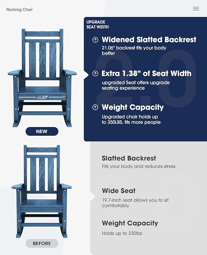 KINGYES Oversized Outdoor Rocking Chair Set of 6, All-Weather Patio Rocking Chairs for Porch, HDPE Outdoor Patio Rockers with High Back & Wide Seat for Garden, Lawn, Blue