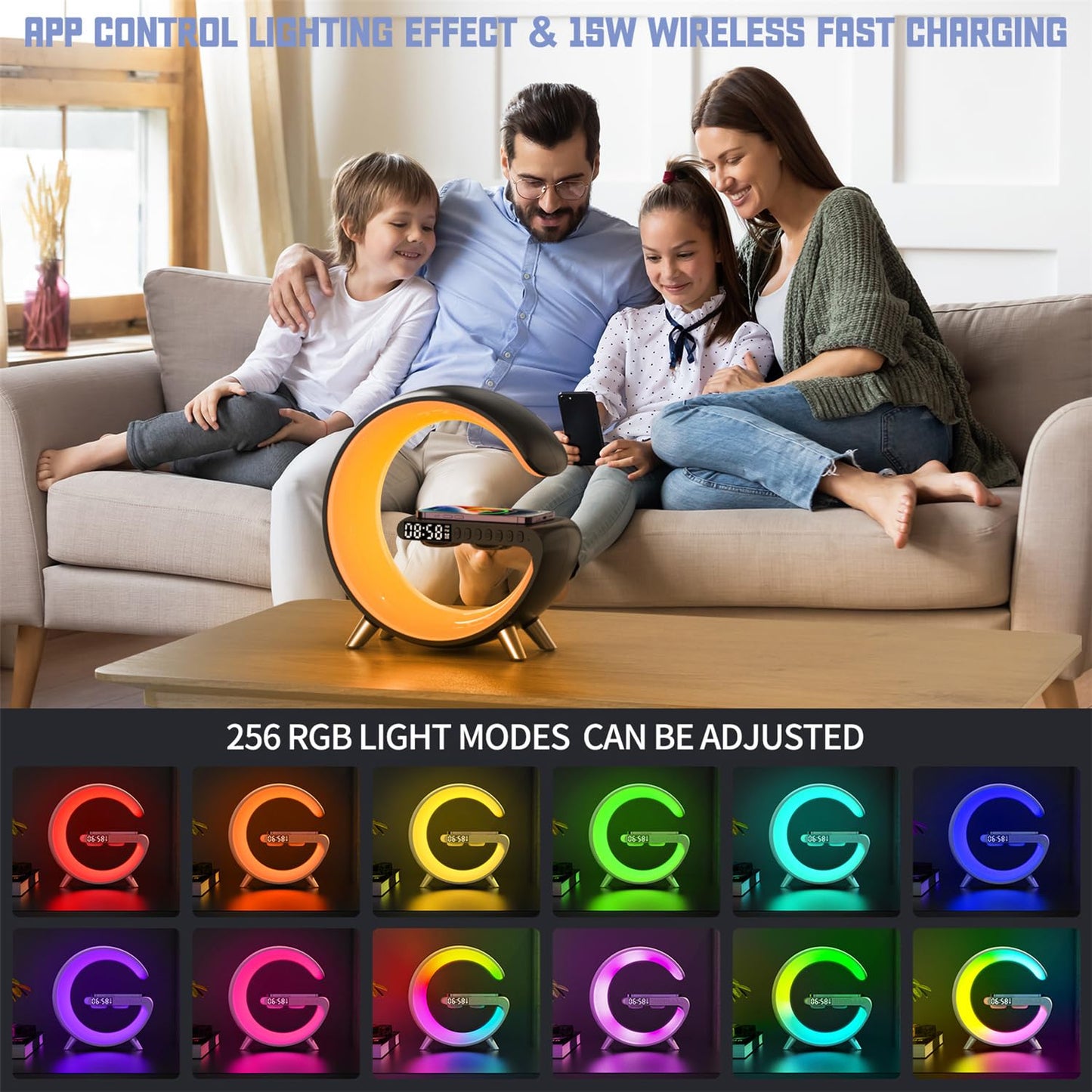 4 In 1 Smart LED Table Lamp, Alarm Clock, Wireless Charger, Night Light, Bluetooth Speaker with App Control, Bedside Lamp for Bedroom, Office, Home Decor, Family, Girls Boys Birthday Festival Gifts