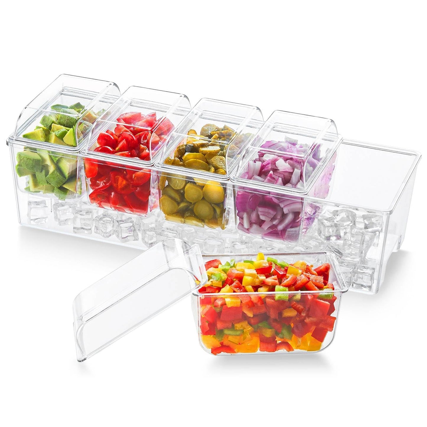 Lifewit Chilled Condiment Caddy with 5 x 20 oz Containers, Compact 15" Garnish Tray with Lids for Bartenders, Taco Bar Party Serving Set & Dirty Soda Bar Supplies, Ideal for Fruit, Salad, Toppings