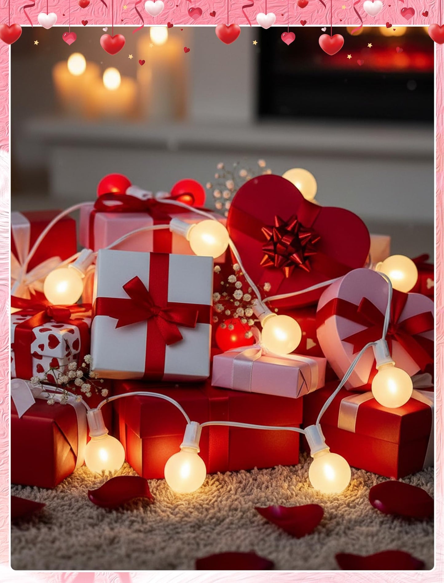 25FT LED Valentine’s Day String Lights, 25 G40 Valentines Decoration Lights Outdoor with Frosted Red White Bulbs, Hanging Patio Lights Shatterproof for 4th of July Independence Day Patriotic Party