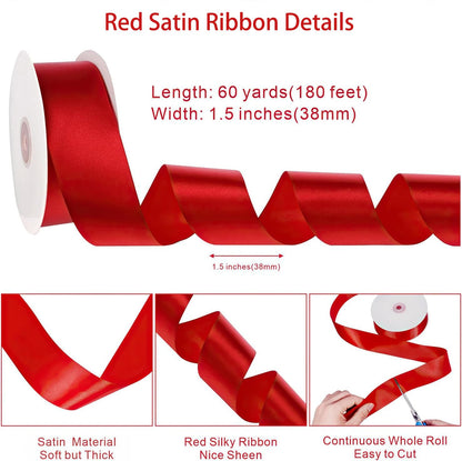 Red Ribbon 60 Yards 1-1/2 Inch Christmas Ribbon Red Satin Ribbons for Gift Wrapping Handmade Roses Wall Dorm Decor Bows Crafts Flower Bouquet Christmas Wedding Party