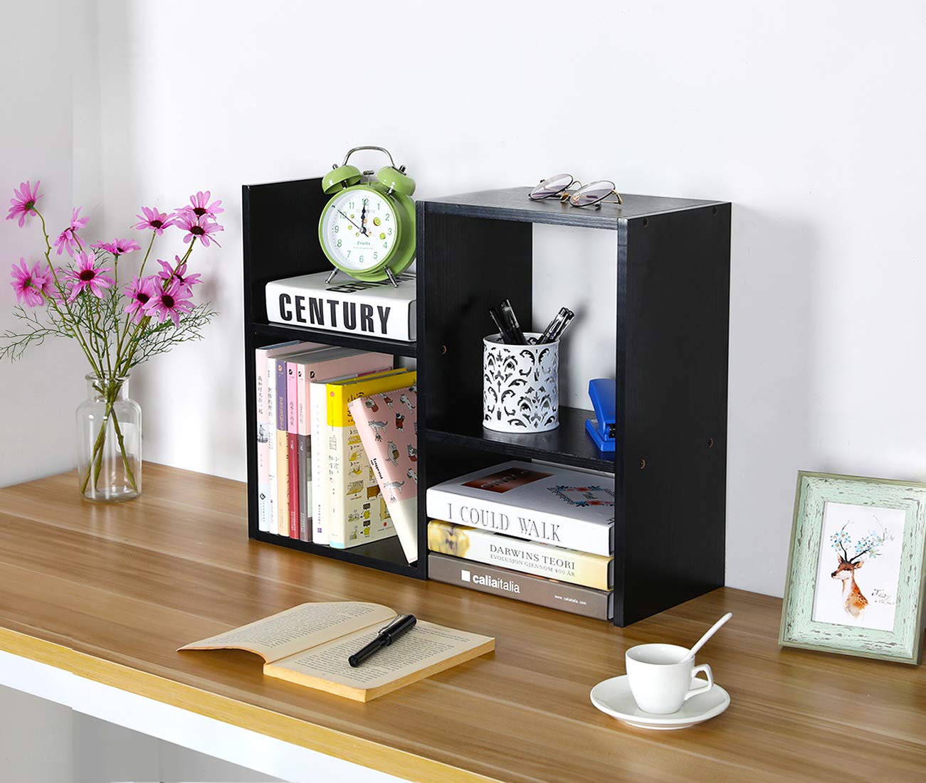 PAG Desktop Shelf Freestanding Wooden Small Bookshelf Desk Supplies Organizers and Accessories Storage Display Rack Office Dorm Decor for Women, Black
