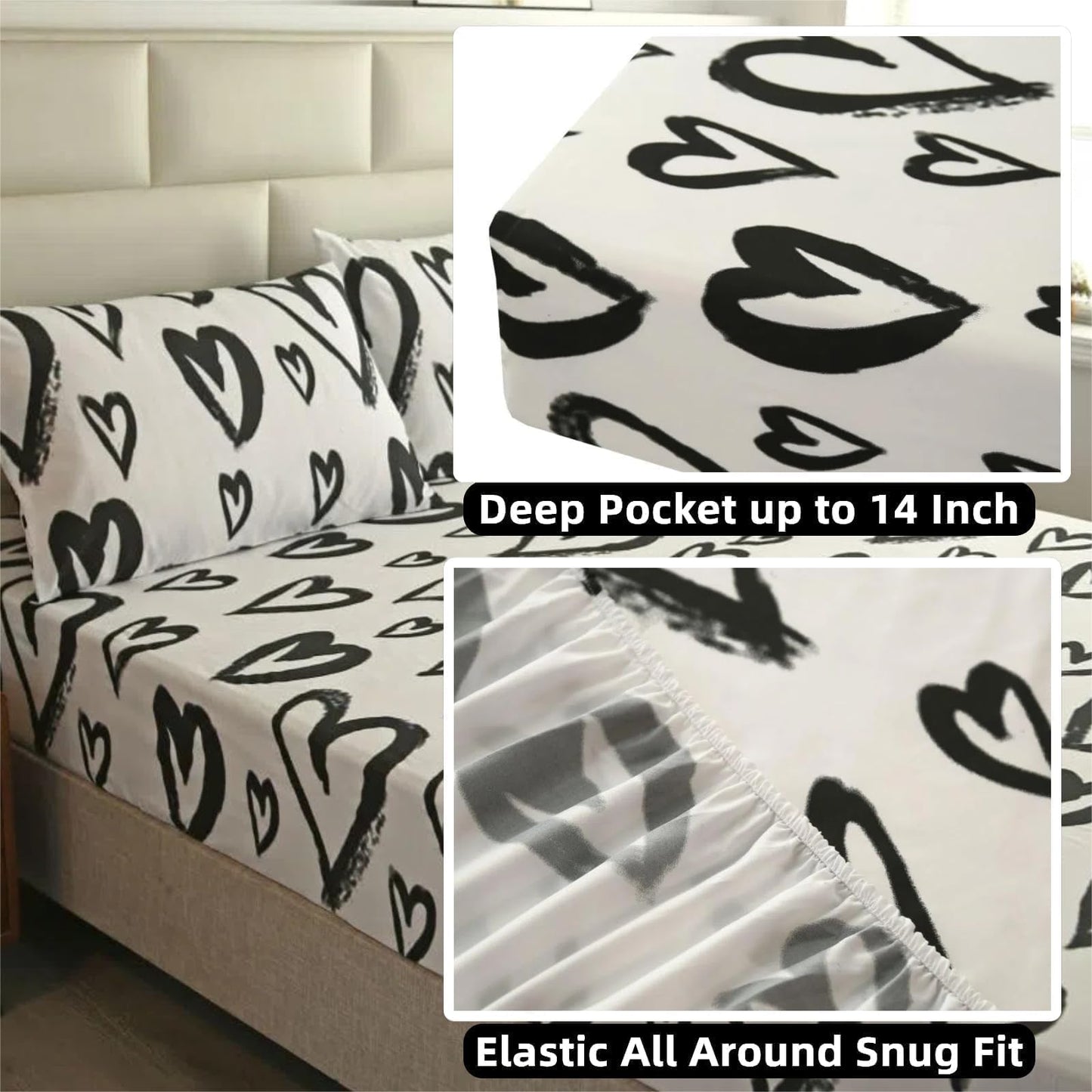 SDIII Love Heart Fitted Sheet Twin with 2 Pillowcases, Deep Pocket Soft Microfiber Black and White Romantic Bed Sheet