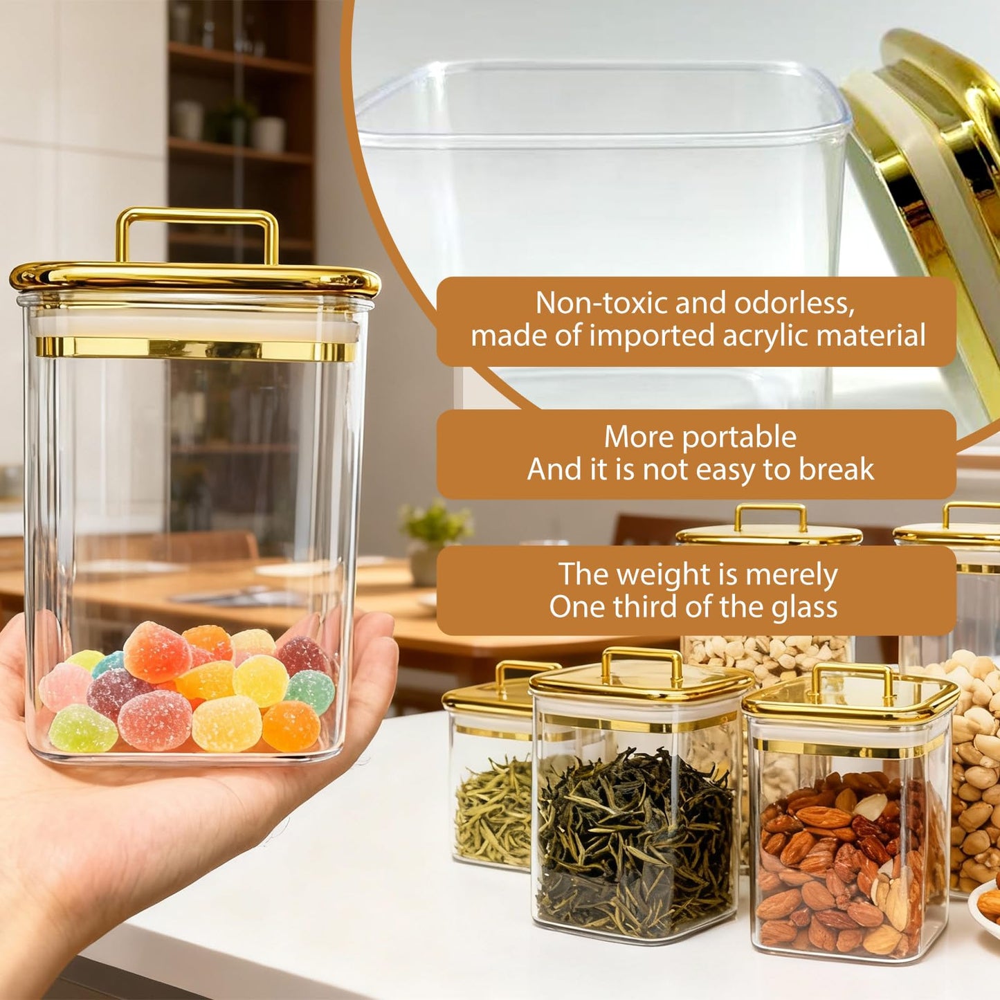 Clear Acrylic 3-Pack Apothecary Jars with Gold Lids Airtight Decorative Containers for Bathroom, Kitchen & Home Elegant Canisters for Cotton Pads, Bath Salts & Snacks