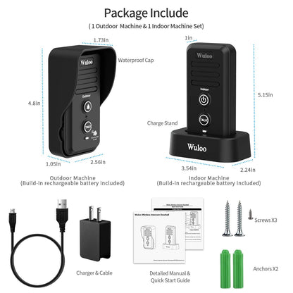 Wireless Intercom Doorbells for Home Classroom, Wuloo Waterproof Electronic Doorbell Chime with 2640 Feet Range 3 Volume Levels Rechargeable Battery (1&1-Black)