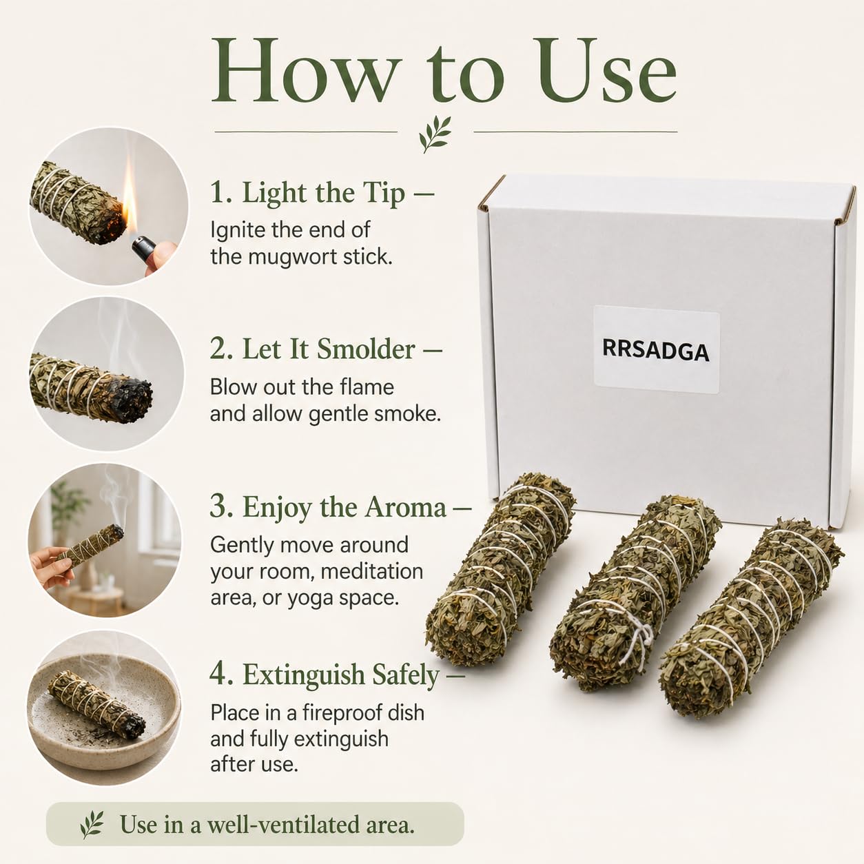 Mugwort Smudge Sticks – 4-Inch Three Pack | Natural Mugwort Bundles for Meditation, Rituals, Space Cleansing, and Spiritual Atmosphere Enhancement