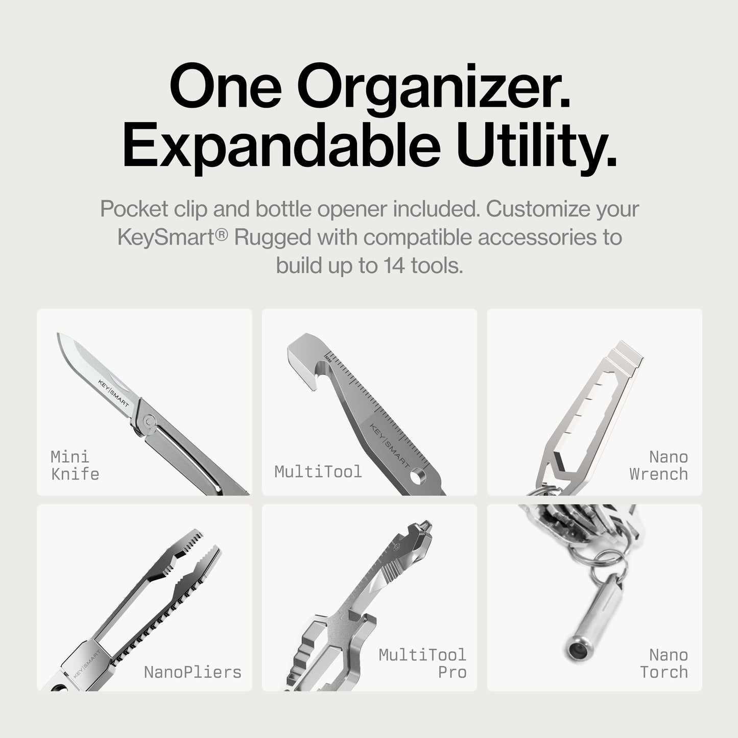 KeySmart Rugged - Multitool Key Holder for Keychain w/Bottle Opener and Pocket Clip, Organizer for Keys, EDC Keychains, Ring for Car Fobs Key Chains, Expandable (Up to 14 Keys, Black)