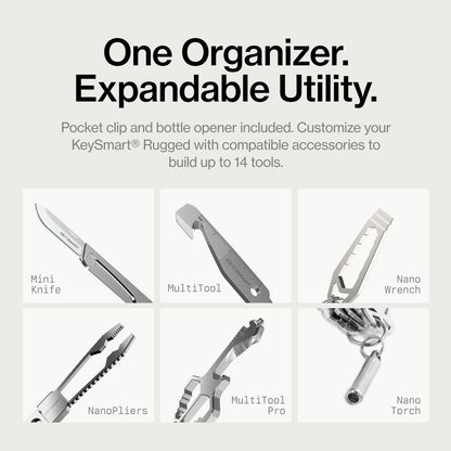 KeySmart Rugged - Multitool Key Holder for Keychain w/Bottle Opener and Pocket Clip, Organizer for Keys, EDC Keychains, Ring for Car Fobs Key Chains, Expandable (Up to 14 Keys, Black)