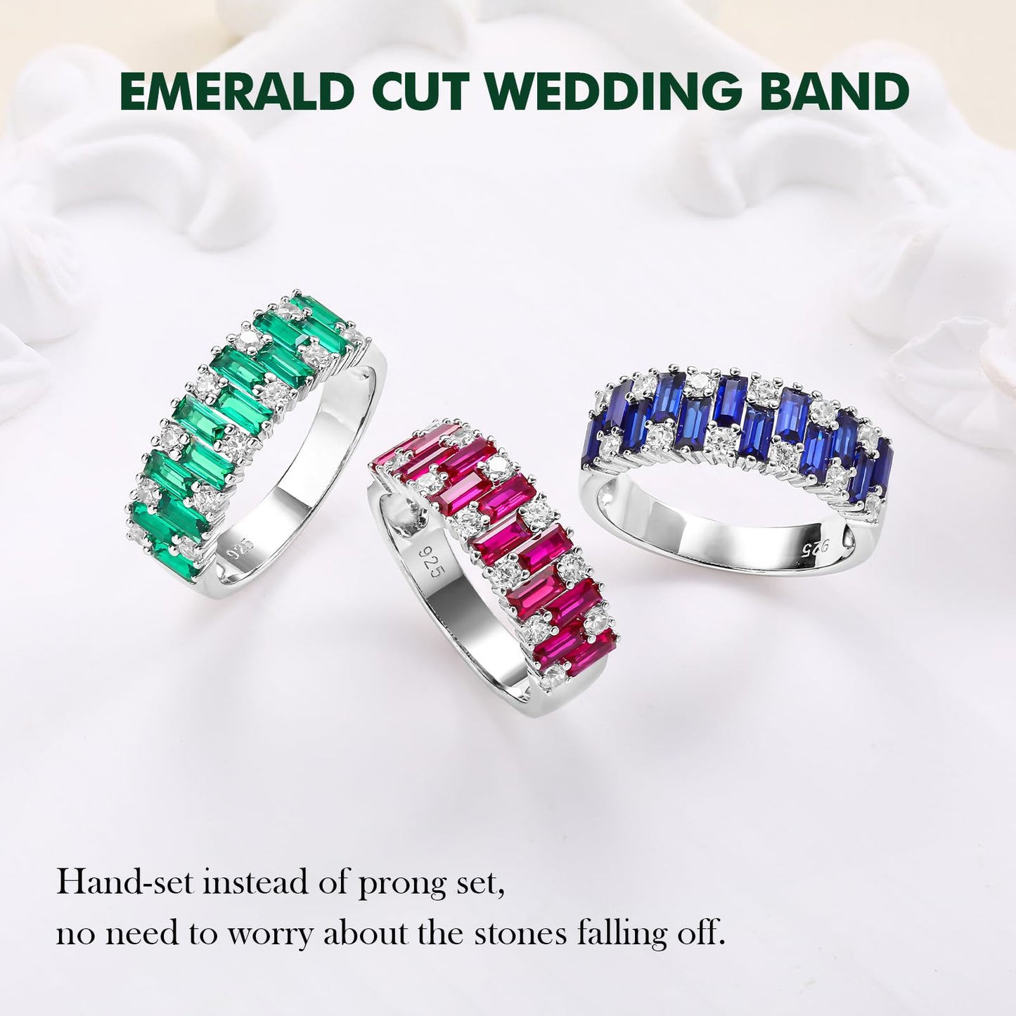 RANDES Womens Eternity Wedding Bands Emerald Ring 925 Sterling Silver Band Emerald Engagement Ring 7mm Wide Green Stone Ring Size 9