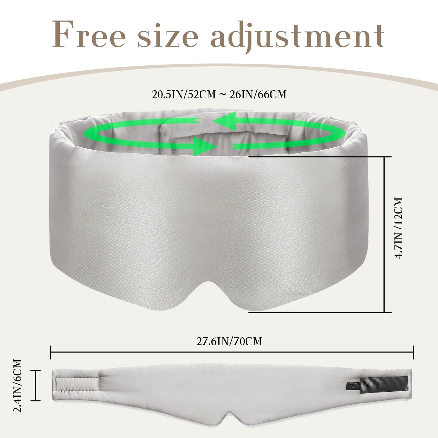 100% Mulberry Silk Sleep Mask Eye Mask for Women Man with Adjustable Band, for Side Sleeper Blackout Sleep Mask for Travel Rest and Office Large Size (Taupe)